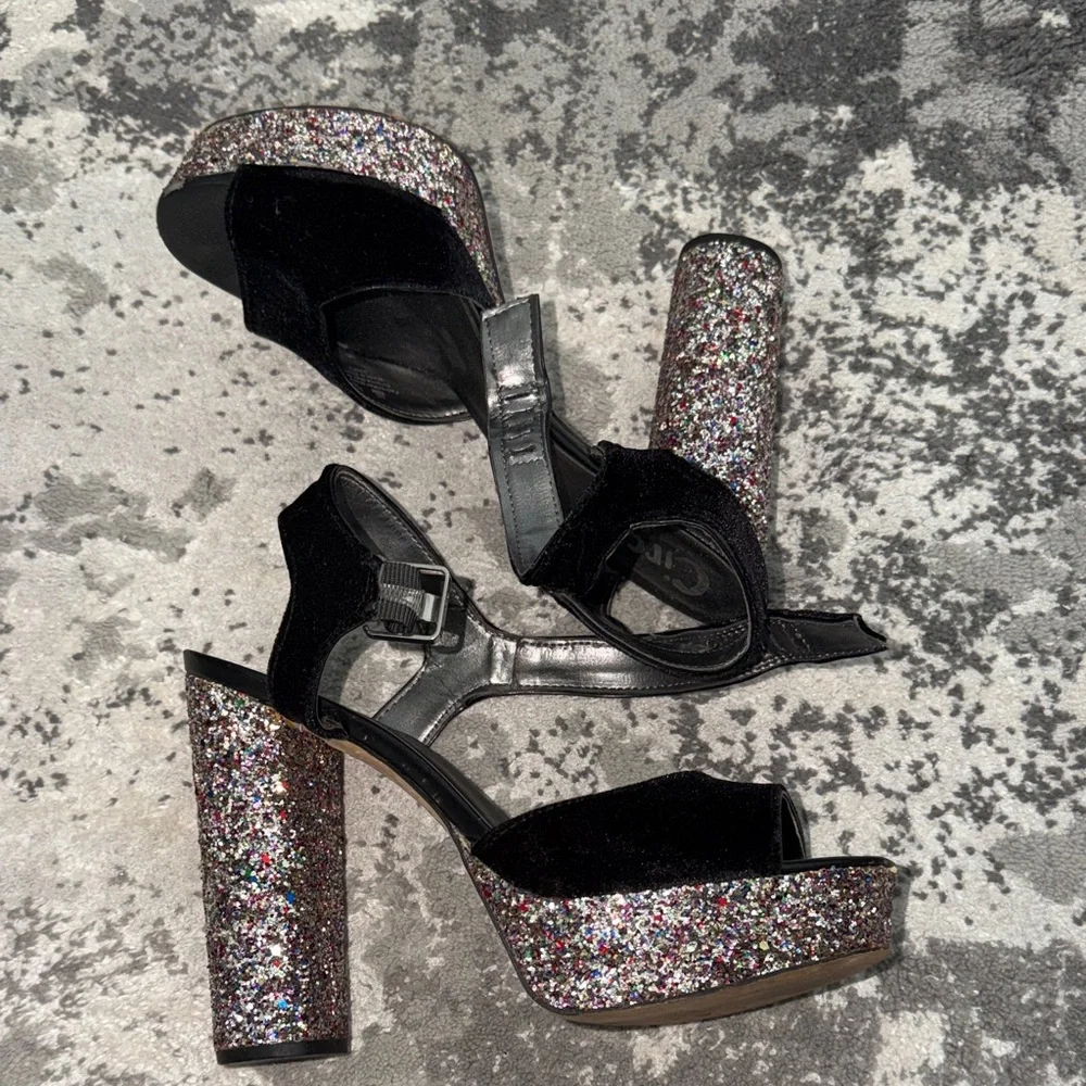 Circus by Sam Edelman Black Velvet Platform Sandals with Multicolor Glitter Heel